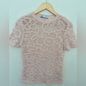 Zara Soft Pink Lace Floral Tee